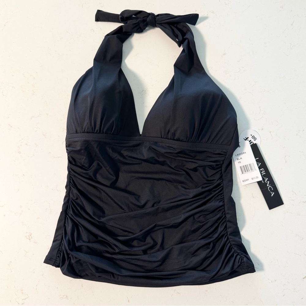 LA BLANCA Swimsuit Tankini Top Island Goddess Halter Beach Size 10 Black NWT - Picture 4 of 8